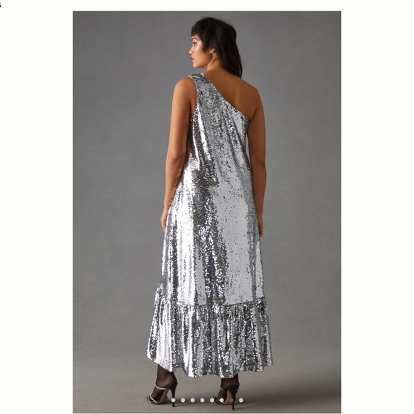 New Maeve One Shoulder Silver Sequin Dress - Picture 6 of 8